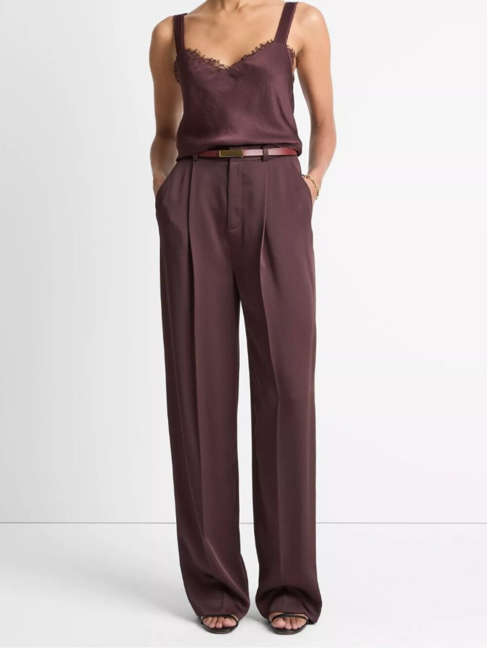 Vince Satin Pleated Wide-Leg Trouser Dark Fig